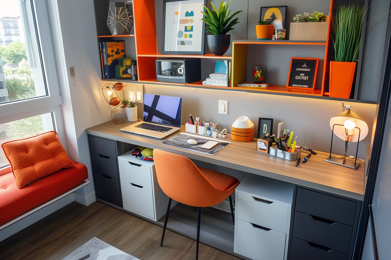 Bureau moderne et organisé avec décoration colorée.
